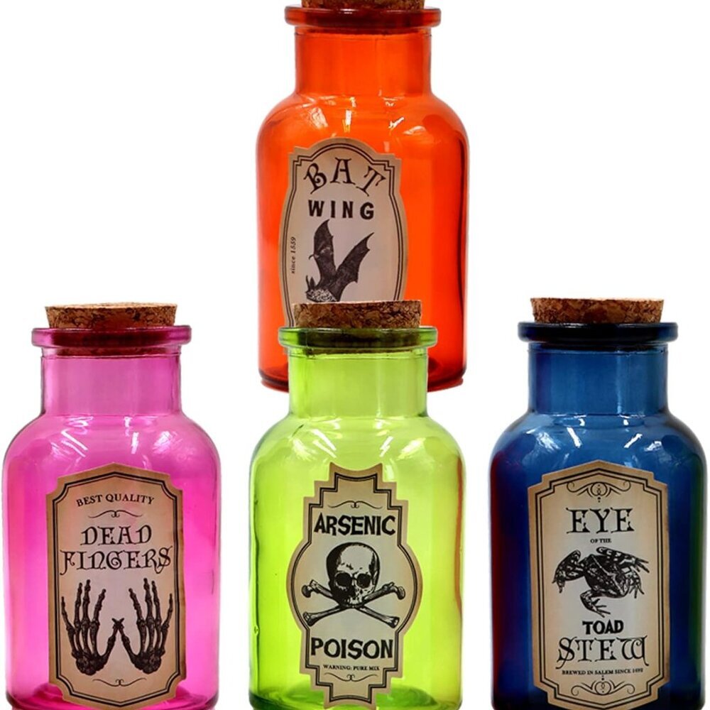 Halloween Glass Potion Bottle,4 Set of Apothecary Bottles with 8pcs Halloween la